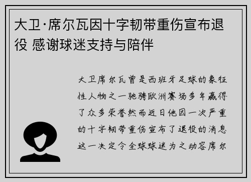 大卫·席尔瓦因十字韧带重伤宣布退役 感谢球迷支持与陪伴
